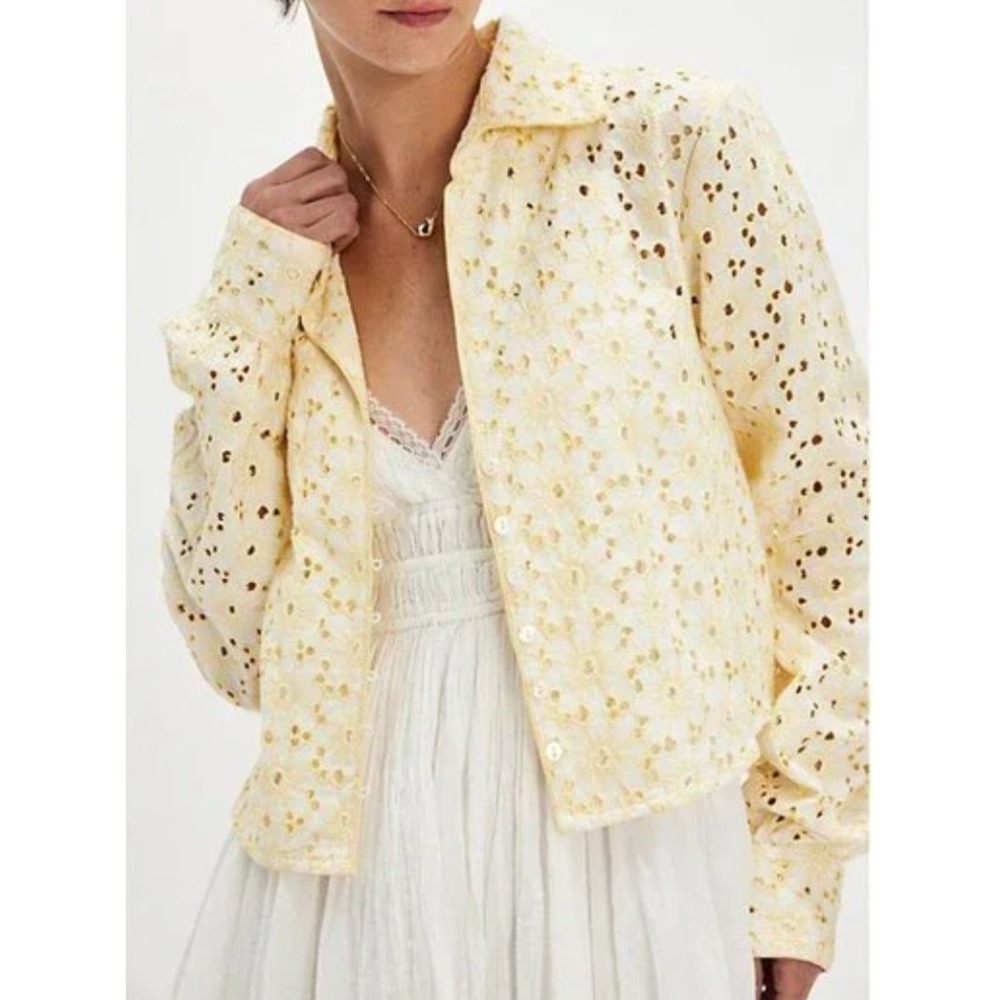 Free People Dream A‎ Little Dream Yellow Sunflower Eyelet Lace Crop Shirt NWT S